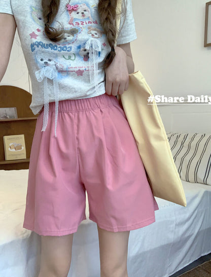 OOTDAY Pink Ice Silk Loose High Waist Shorts – Summer Casual Wear for Girls