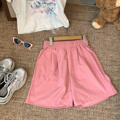 OOTDAY Pink Ice Silk Loose High Waist Shorts – Summer Casual Wear for Girls
