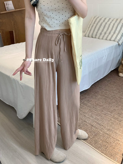 OOTDAY chiffon wide-leg pants, shiny pleated ice silk trousers, spring summer flowy pants, lightweight high-waisted pants for women, mist blue khaki lounge pants