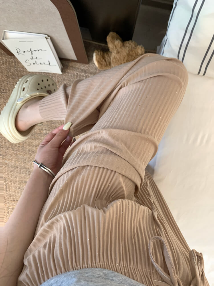OOTDAY chiffon wide-leg pants, shiny pleated ice silk trousers, spring summer flowy pants, lightweight high-waisted pants for women, mist blue khaki lounge pants