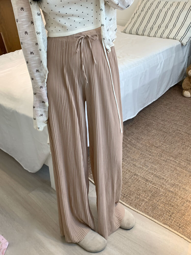 OOTDAY chiffon wide-leg pants, shiny pleated ice silk trousers, spring summer flowy pants, lightweight high-waisted pants for women, mist blue khaki lounge pants