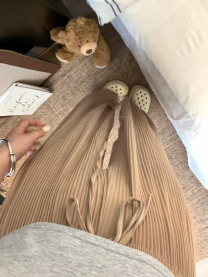OOTDAY chiffon wide-leg pants, shiny pleated ice silk trousers, spring summer flowy pants, lightweight high-waisted pants for women, mist blue khaki lounge pants