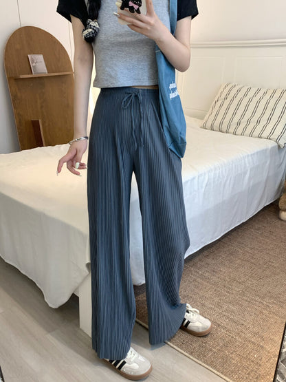 OOTDAY chiffon wide-leg pants, shiny pleated ice silk trousers, spring summer flowy pants, lightweight high-waisted pants for women, mist blue khaki lounge pants