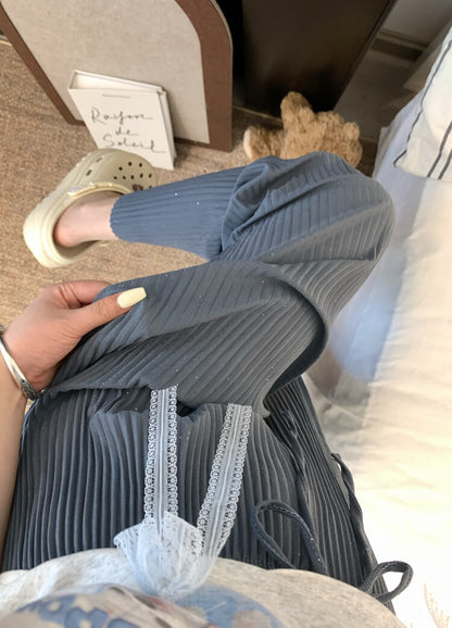 OOTDAY chiffon wide-leg pants, shiny pleated ice silk trousers, spring summer flowy pants, lightweight high-waisted pants for women, mist blue khaki lounge pants