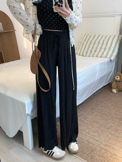 OOTDAY chiffon wide-leg pants, shiny pleated ice silk trousers, spring summer flowy pants, lightweight high-waisted pants for women, mist blue khaki lounge pants