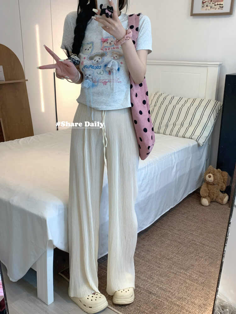 OOTDAY chiffon wide-leg pants, shiny pleated ice silk trousers, spring summer flowy pants, lightweight high-waisted pants for women, mist blue khaki lounge pants