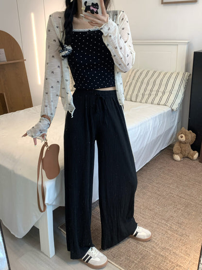 OOTDAY chiffon wide-leg pants, shiny pleated ice silk trousers, spring summer flowy pants, lightweight high-waisted pants for women, mist blue khaki lounge pants