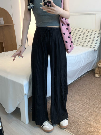 OOTDAY chiffon wide-leg pants, shiny pleated ice silk trousers, spring summer flowy pants, lightweight high-waisted pants for women, mist blue khaki lounge pants