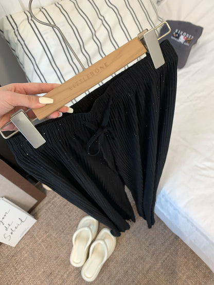 OOTDAY chiffon wide-leg pants, shiny pleated ice silk trousers, spring summer flowy pants, lightweight high-waisted pants for women, mist blue khaki lounge pants