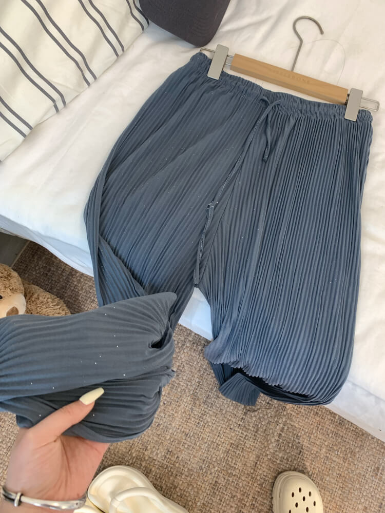 OOTDAY chiffon wide-leg pants, shiny pleated ice silk trousers, spring summer flowy pants, lightweight high-waisted pants for women, mist blue khaki lounge pants