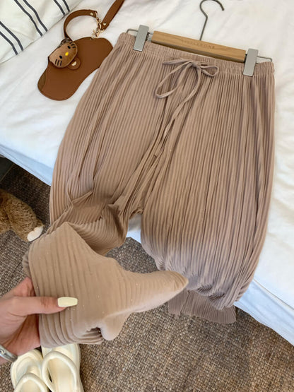 OOTDAY chiffon wide-leg pants, shiny pleated ice silk trousers, spring summer flowy pants, lightweight high-waisted pants for women, mist blue khaki lounge pants
