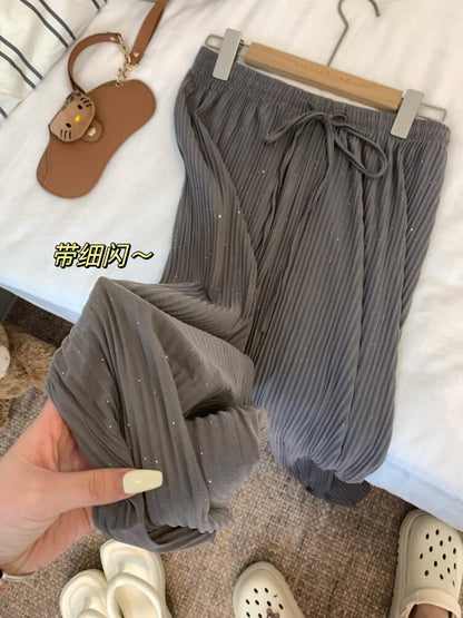 OOTDAY chiffon wide-leg pants, shiny pleated ice silk trousers, spring summer flowy pants, lightweight high-waisted pants for women, mist blue khaki lounge pants