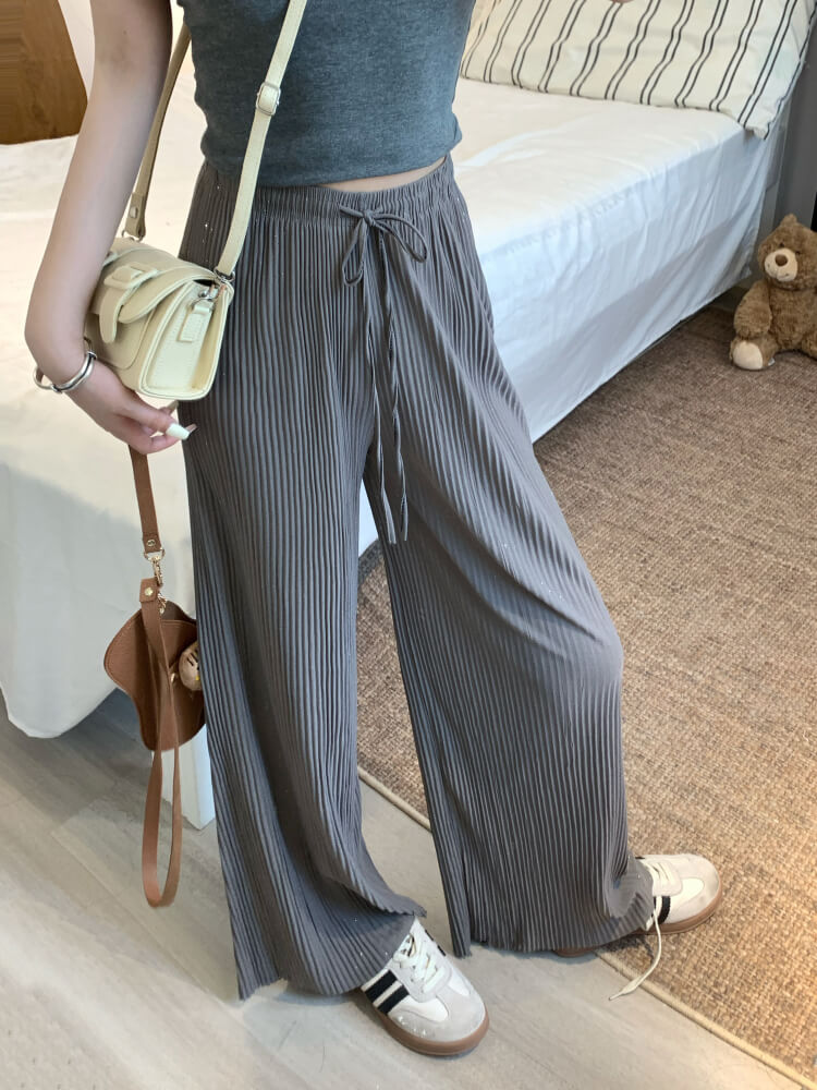 OOTDAY chiffon wide-leg pants, shiny pleated ice silk trousers, spring summer flowy pants, lightweight high-waisted pants for women, mist blue khaki lounge pants