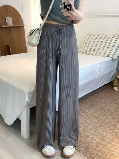 OOTDAY chiffon wide-leg pants, shiny pleated ice silk trousers, spring summer flowy pants, lightweight high-waisted pants for women, mist blue khaki lounge pants