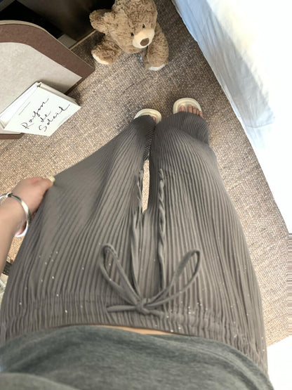 OOTDAY chiffon wide-leg pants, shiny pleated ice silk trousers, spring summer flowy pants, lightweight high-waisted pants for women, mist blue khaki lounge pants