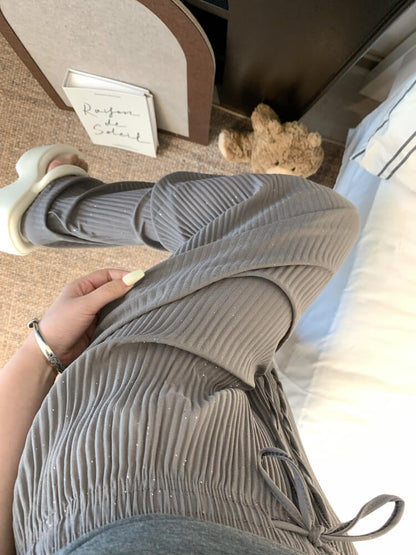 OOTDAY chiffon wide-leg pants, shiny pleated ice silk trousers, spring summer flowy pants, lightweight high-waisted pants for women, mist blue khaki lounge pants