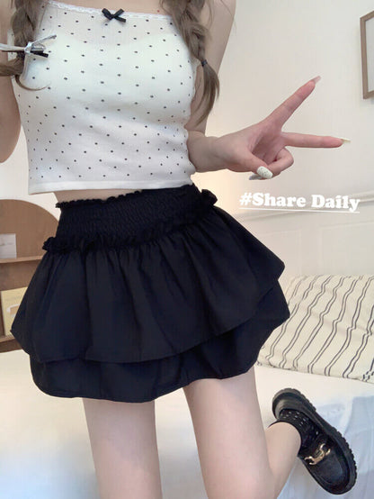 OOTDAY balletcore skirt, tiered ruffled mini skirt, high-waisted summer skirt, white black cute A-line skirt, ballet aesthetic fashion 2025