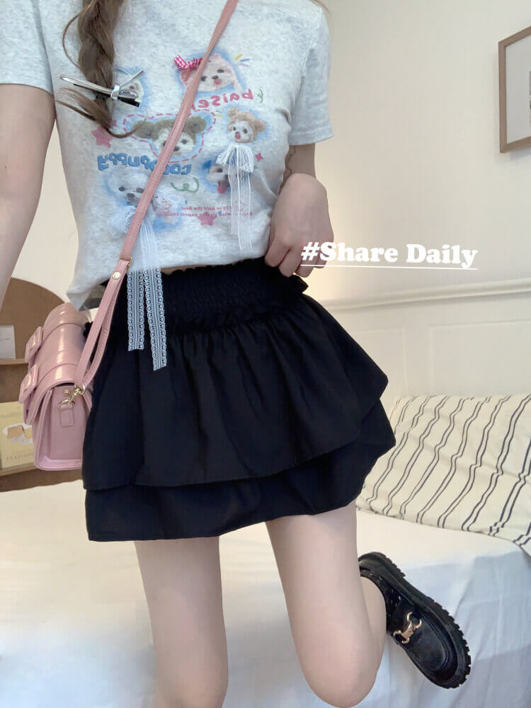 OOTDAY balletcore skirt, tiered ruffled mini skirt, high-waisted summer skirt, white black cute A-line skirt, ballet aesthetic fashion 2025