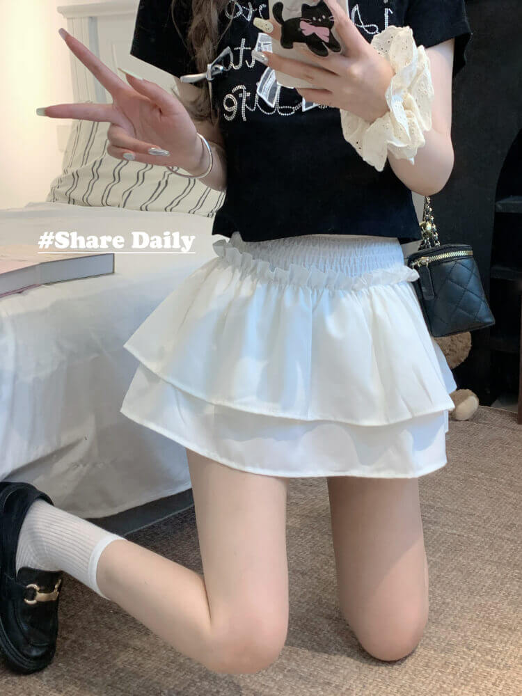 OOTDAY balletcore skirt, tiered ruffled mini skirt, high-waisted summer skirt, white black cute A-line skirt, ballet aesthetic fashion 2025