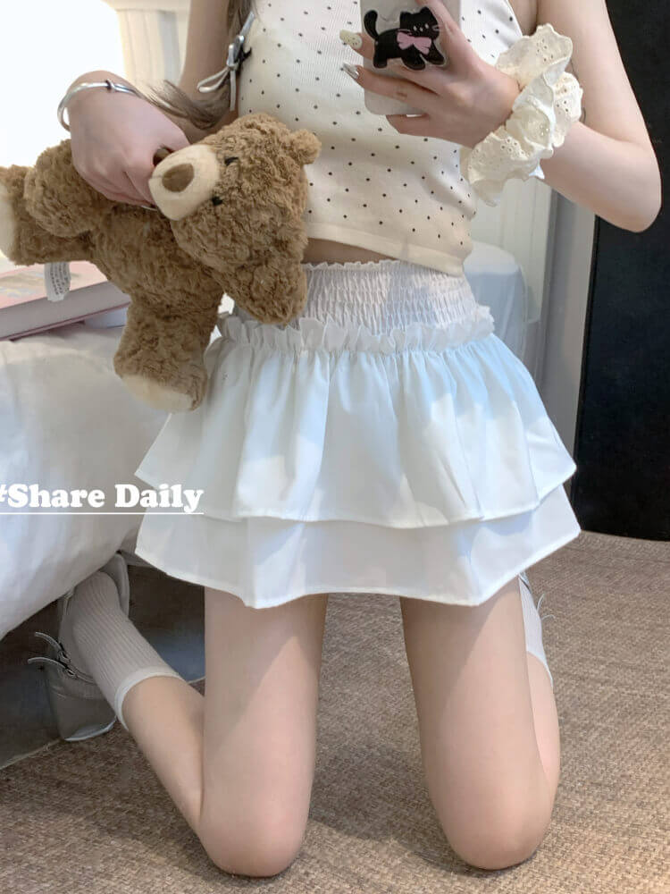 OOTDAY balletcore skirt, tiered ruffled mini skirt, high-waisted summer skirt, white black cute A-line skirt, ballet aesthetic fashion 2025