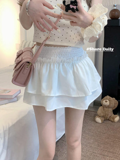 OOTDAY balletcore skirt, tiered ruffled mini skirt, high-waisted summer skirt, white black cute A-line skirt, ballet aesthetic fashion 2025
