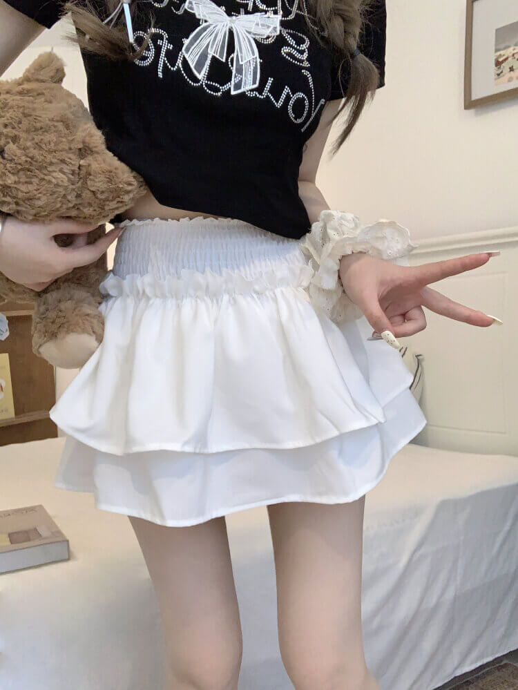 OOTDAY balletcore skirt, tiered ruffled mini skirt, high-waisted summer skirt, white black cute A-line skirt, ballet aesthetic fashion 2025