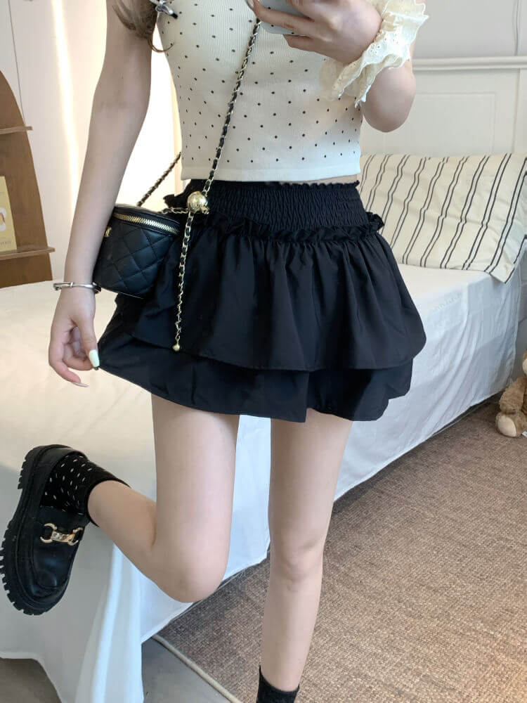 OOTDAY balletcore skirt, tiered ruffled mini skirt, high-waisted summer skirt, white black cute A-line skirt, ballet aesthetic fashion 2025