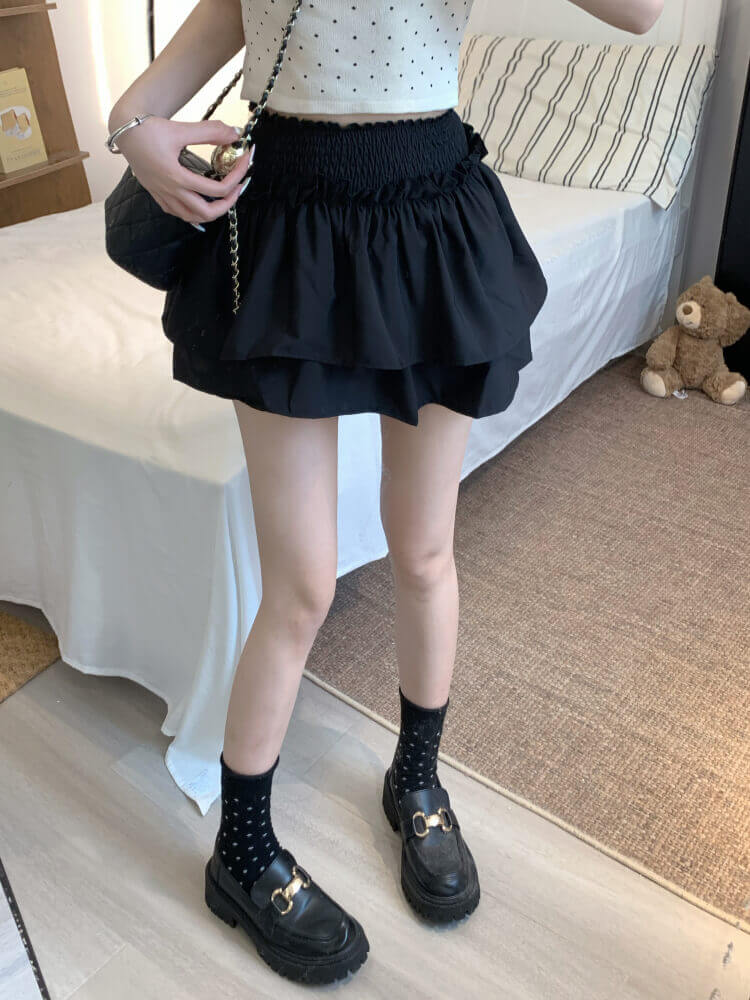 OOTDAY balletcore skirt, tiered ruffled mini skirt, high-waisted summer skirt, white black cute A-line skirt, ballet aesthetic fashion 2025