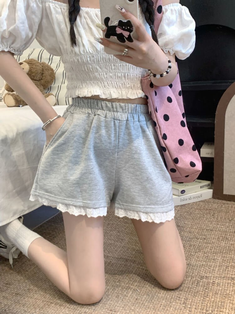 OOTDAY lace trim shorts, high waist summer hot pants, wide-leg sporty lounge shorts, black white grey cute shorts, preppy girl shorts 2025
