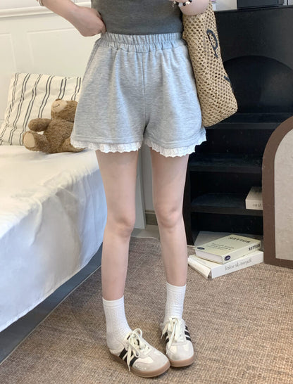 OOTDAY lace trim shorts, high waist summer hot pants, wide-leg sporty lounge shorts, black white grey cute shorts, preppy girl shorts 2025