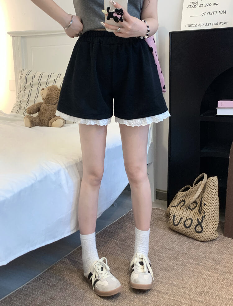 OOTDAY lace trim shorts, high waist summer hot pants, wide-leg sporty lounge shorts, black white grey cute shorts, preppy girl shorts 2025