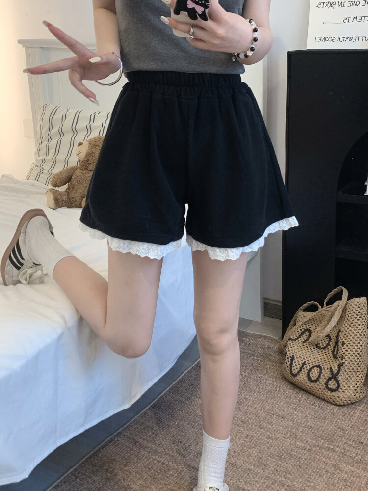 OOTDAY lace trim shorts, high waist summer hot pants, wide-leg sporty lounge shorts, black white grey cute shorts, preppy girl shorts 2025