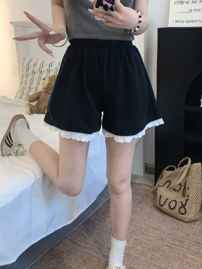 OOTDAY lace trim shorts, high waist summer hot pants, wide-leg sporty lounge shorts, black white grey cute shorts, preppy girl shorts 2025