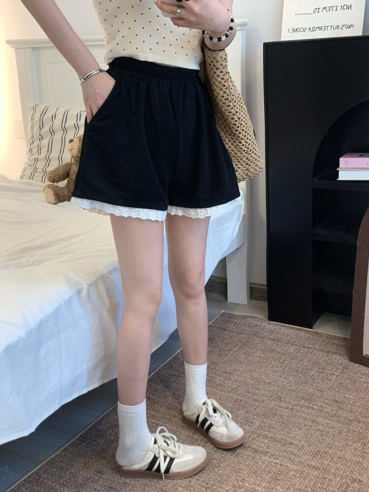 OOTDAY lace trim shorts, high waist summer hot pants, wide-leg sporty lounge shorts, black white grey cute shorts, preppy girl shorts 2025