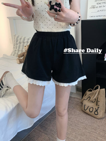 OOTDAY lace trim shorts, high waist summer hot pants, wide-leg sporty lounge shorts, black white grey cute shorts, preppy girl shorts 2025