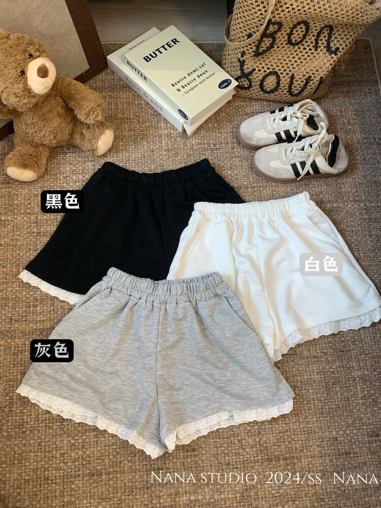 OOTDAY lace trim shorts, high waist summer hot pants, wide-leg sporty lounge shorts, black white grey cute shorts, preppy girl shorts 2025
