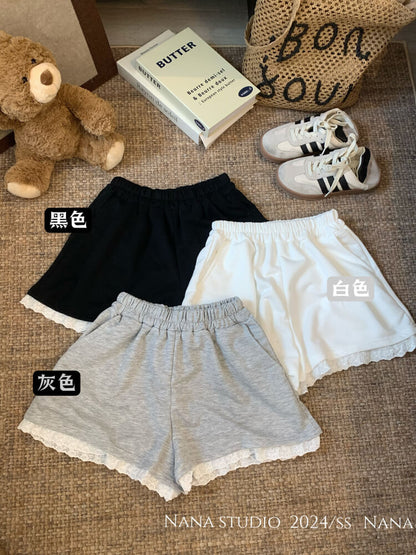 OOTDAY lace trim shorts, high waist summer hot pants, wide-leg sporty lounge shorts, black white grey cute shorts, preppy girl shorts 2025