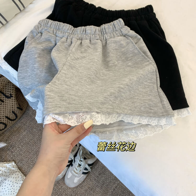 OOTDAY lace trim shorts, high waist summer hot pants, wide-leg sporty lounge shorts, black white grey cute shorts, preppy girl shorts 2025