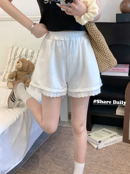 OOTDAY lace trim shorts, high waist summer hot pants, wide-leg sporty lounge shorts, black white grey cute shorts, preppy girl shorts 2025