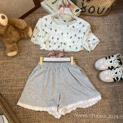 OOTDAY lace trim shorts, high waist summer hot pants, wide-leg sporty lounge shorts, black white grey cute shorts, preppy girl shorts 2025