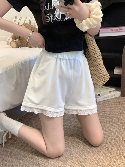 OOTDAY lace trim shorts, high waist summer hot pants, wide-leg sporty lounge shorts, black white grey cute shorts, preppy girl shorts 2025