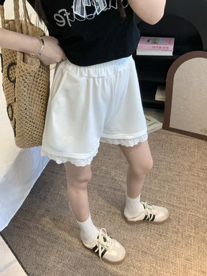 OOTDAY lace trim shorts, high waist summer hot pants, wide-leg sporty lounge shorts, black white grey cute shorts, preppy girl shorts 2025