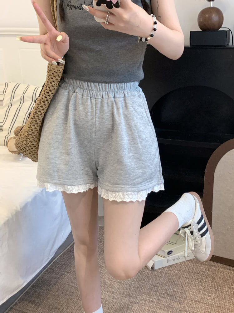 OOTDAY lace trim shorts, high waist summer hot pants, wide-leg sporty lounge shorts, black white grey cute shorts, preppy girl shorts 2025