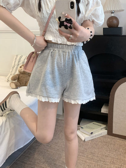 OOTDAY lace trim shorts, high waist summer hot pants, wide-leg sporty lounge shorts, black white grey cute shorts, preppy girl shorts 2025