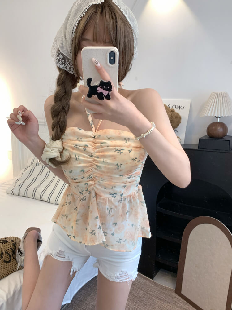 OOTDAY floral halter camisole, summer tie-back crop top, sweet girl knit tank, pink blue yellow camisole 2025, trendy slim-fit knit tops