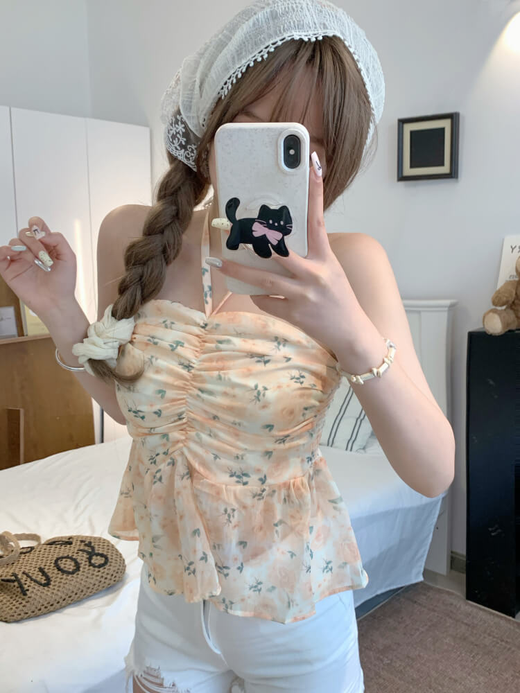 OOTDAY floral halter camisole, summer tie-back crop top, sweet girl knit tank, pink blue yellow camisole 2025, trendy slim-fit knit tops