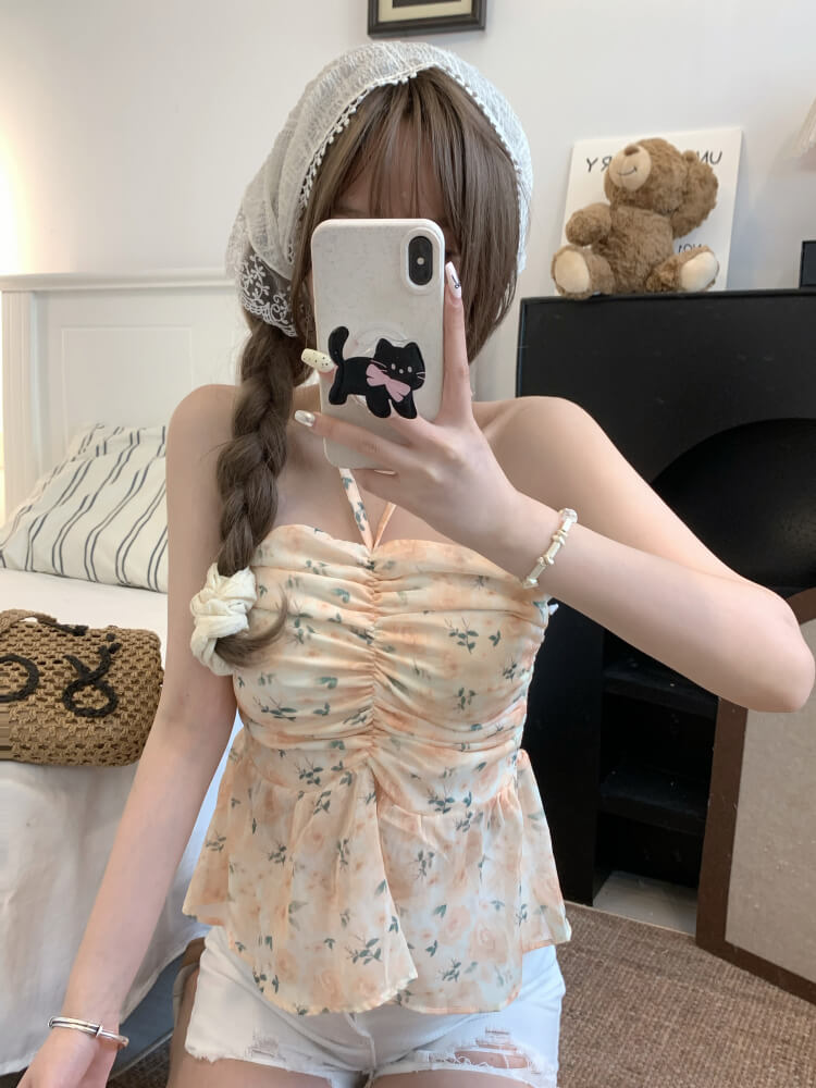 OOTDAY floral halter camisole, summer tie-back crop top, sweet girl knit tank, pink blue yellow camisole 2025, trendy slim-fit knit tops