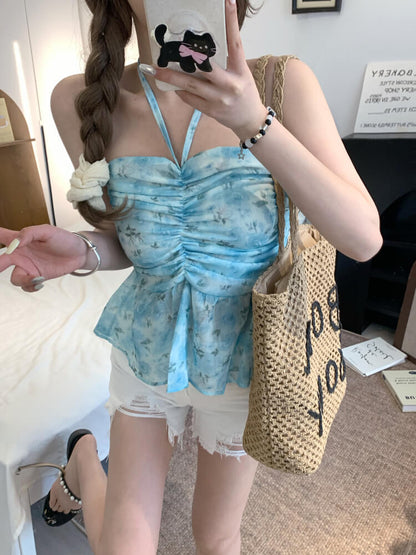 OOTDAY floral halter camisole, summer tie-back crop top, sweet girl knit tank, pink blue yellow camisole 2025, trendy slim-fit knit tops