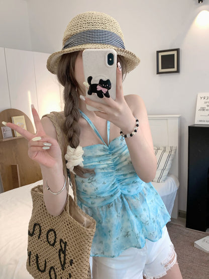 OOTDAY floral halter camisole, summer tie-back crop top, sweet girl knit tank, pink blue yellow camisole 2025, trendy slim-fit knit tops
