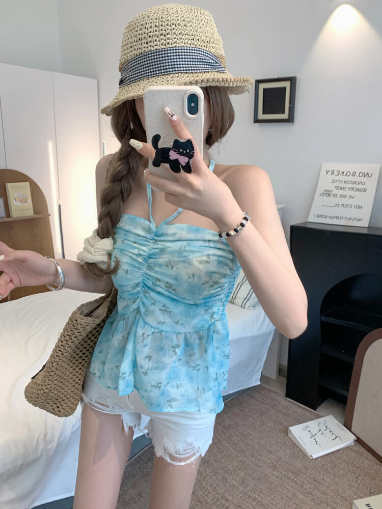 OOTDAY floral halter camisole, summer tie-back crop top, sweet girl knit tank, pink blue yellow camisole 2025, trendy slim-fit knit tops